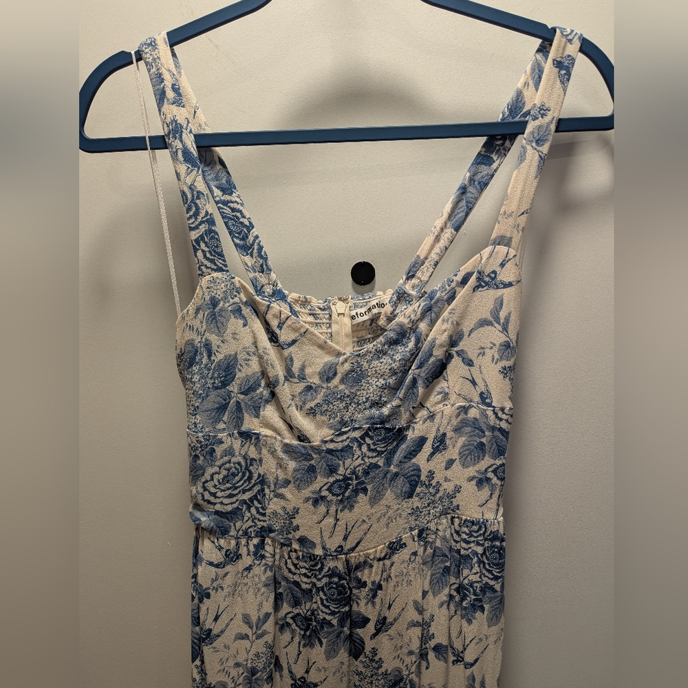 Reformation Celestia Cream and Blue Floral Midi Dress Pompadour Print Size 8 - Picture 3 of 7